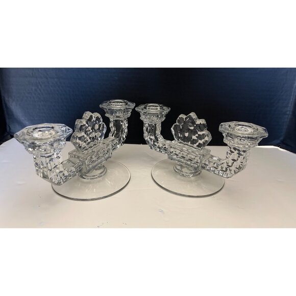 Fostoria American Embossed Crystal Double Candle Holders Set of 2 No Flaws - Picture 5 of 10